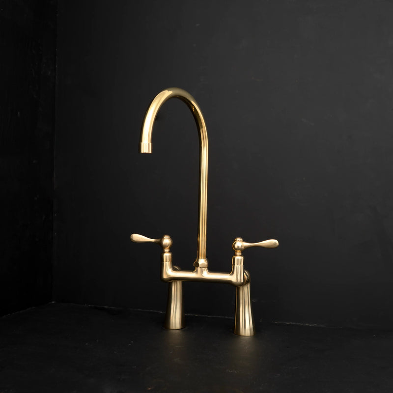 Multigenerational Living Durable Materials featuring Unlacquered Brass Bridge Kitchen Faucet Two Handle