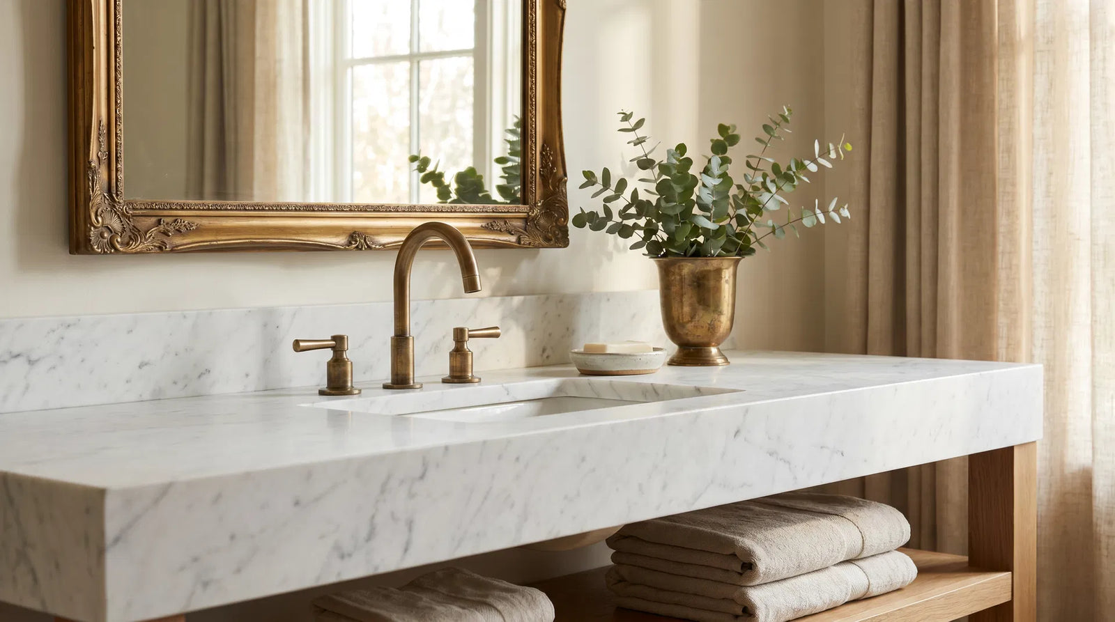 Luxury bathroom vanity with unlacquered brass widespread faucet