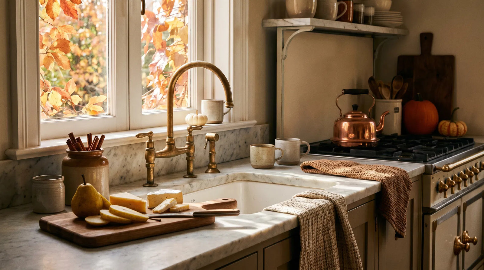 Cozy autumn kitchen scene with brass bridge faucet and seasonal elements