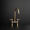 Golden arc brass bridge faucet – close-up of handle design