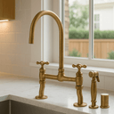 Antique Unlacquered Brass Bridge Kitchen Faucet with Side Sprayer Kitchen Faucets detail view 2