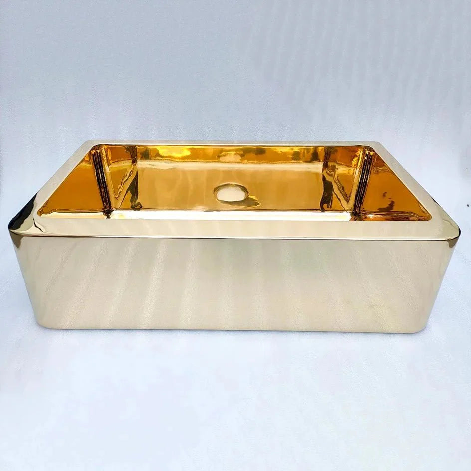 Unlacquered brass farmhouse apron-front kitchen sink – front view