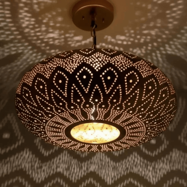 Brass Flush Pendant Light – Lotus Pattern Pierced Ceiling Shadow Fixture - Brass For Homes - 
