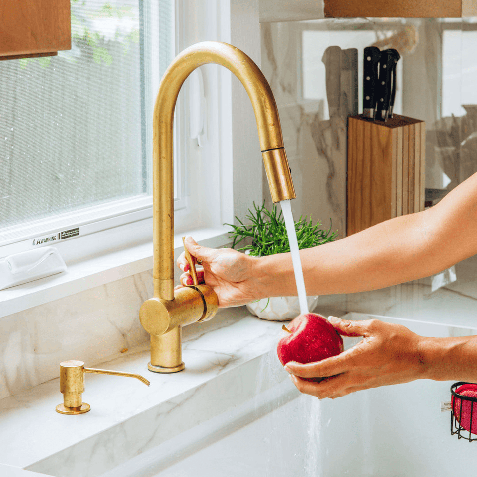 Brass Pull Down Kitchen Faucet kitchen faucet for kitchen sinks, prep sinks, bridge faucet layouts, and farmhouse kitchens - view 1