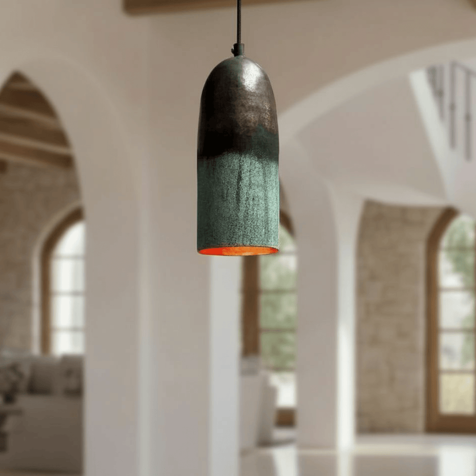 Green patina copper cylinder pendant — handmade oxidized ceiling lamp — Brass For Homes