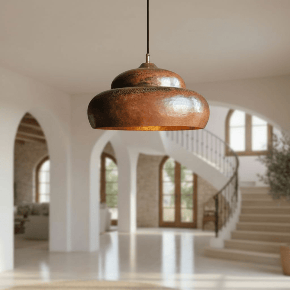 Hammered Solid Copper Pendant – Rustic Dome Ceiling Light for Farmhouse - Brass For Homes - 