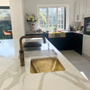Handcrafted unlacquered brass kitchen sink side angle showing natural patina – Brass For Homes