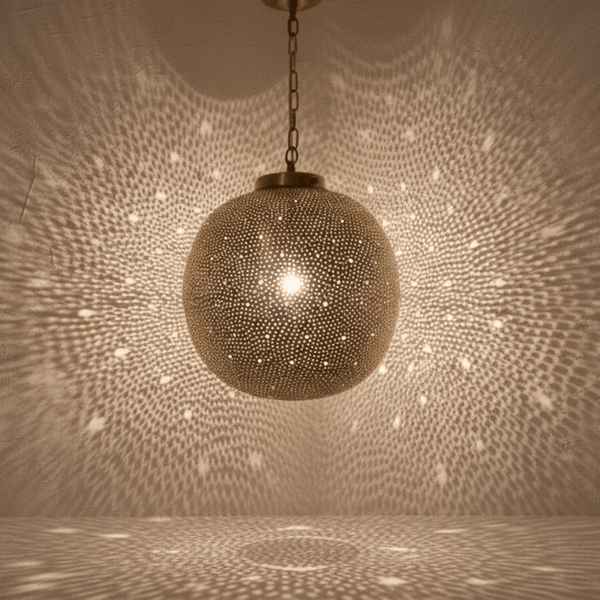 Brass Globe Pendant Light – Pierced Shadow Lamp for Boho Interiors - Brass For Homes - 