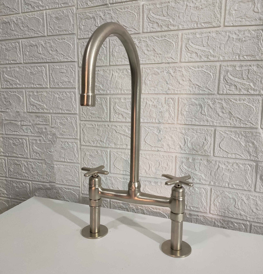 Solid Brass Bridge Faucet Nickel Matte Finish kitchen faucet for kitchen sinks, prep sinks, bridge faucet layouts, and farmhouse kitchens - view 1