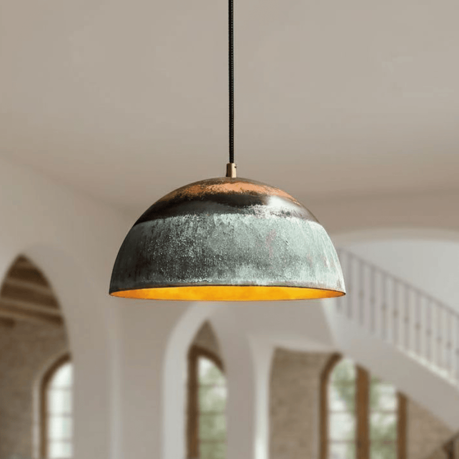 Deep Verdigris Copper Dome Pendant – Farmhouse Ceiling Fixture – Brass For Homes