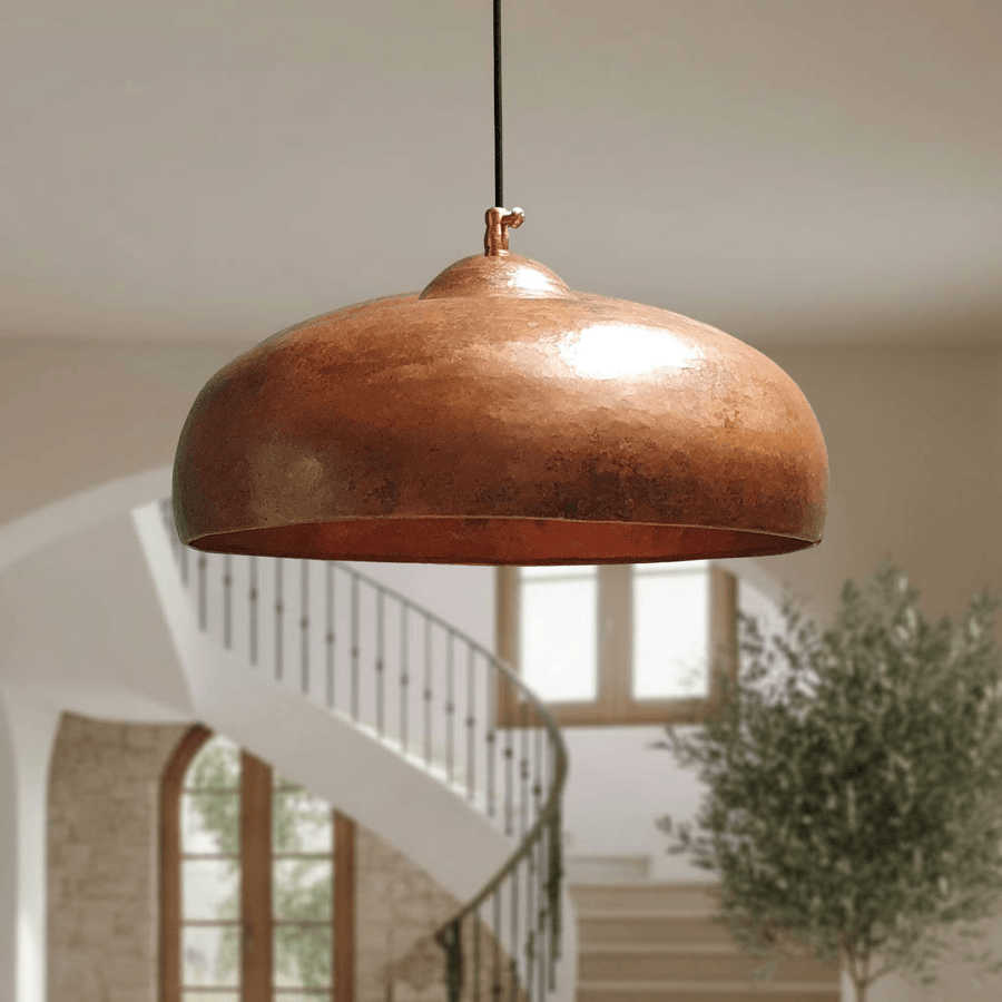 Rustic copper pendant light solid dome, front view – Brass For Homes