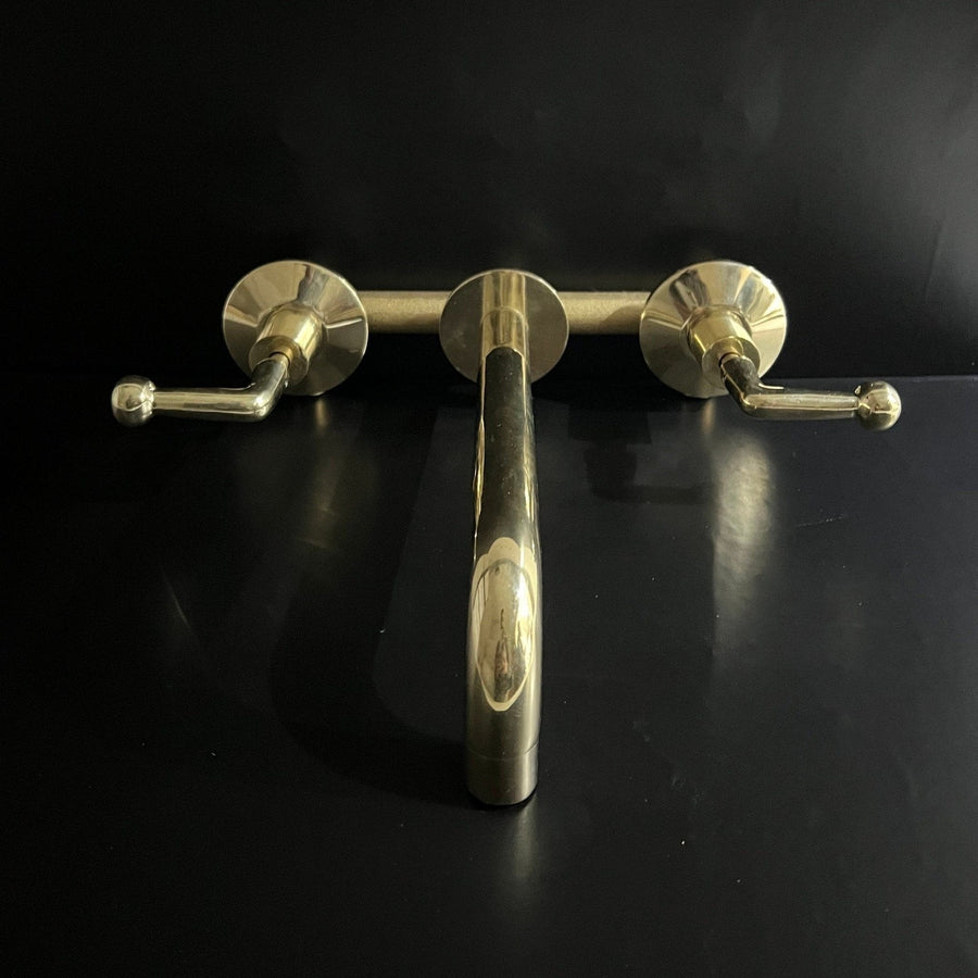 Unlacquered Brass Bathroom Faucet with Lever Handles wall mount faucet for wall-mounted sink layouts, bathrooms, kitchens, and compact wash spaces - view 1