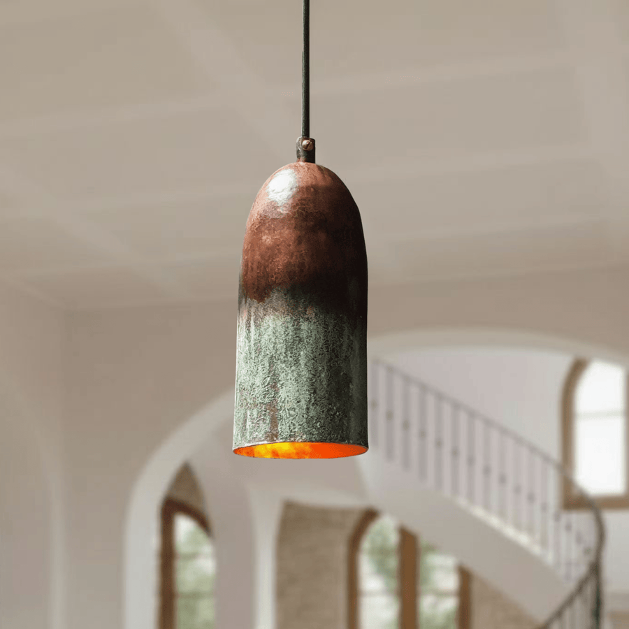 Verdigris copper cylinder pendant — tall green patina ceiling fixture — Brass For Homes