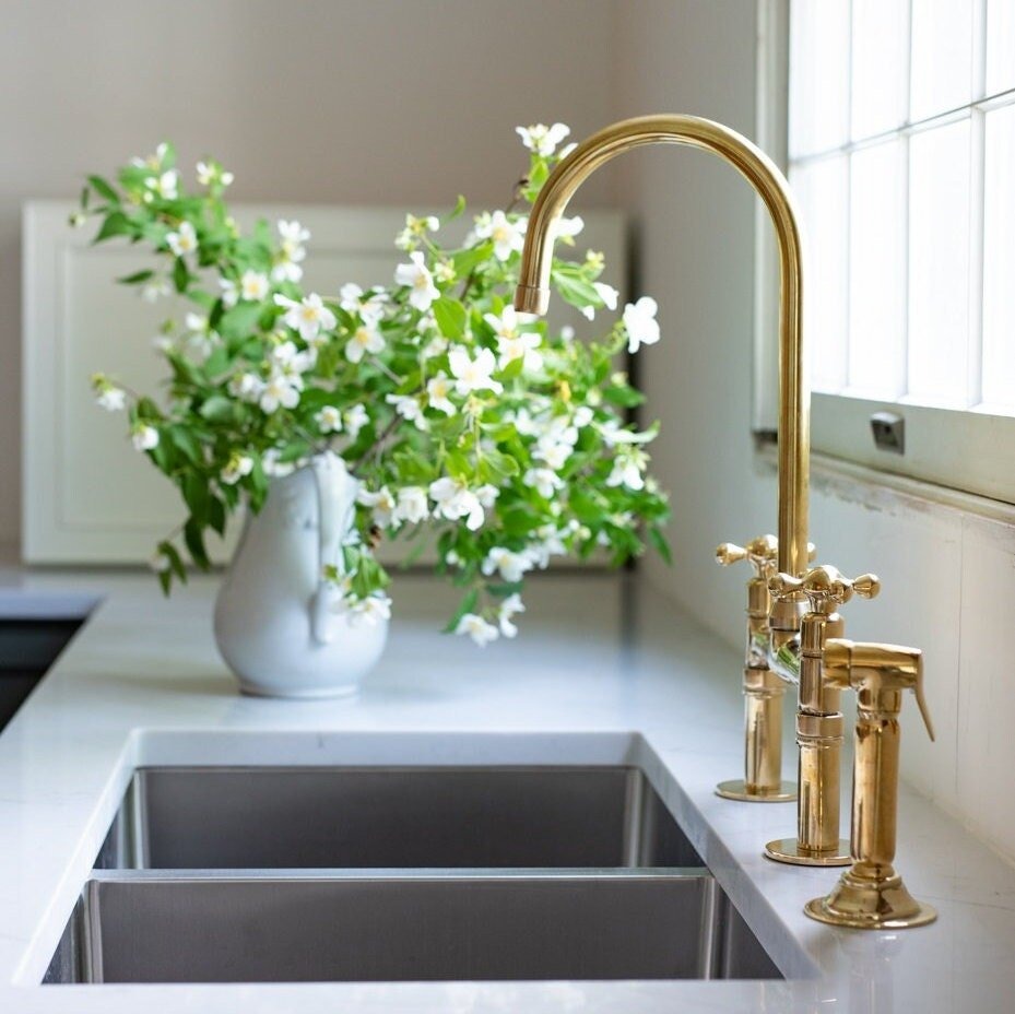 Unlacquered Natural Brass Kitchen Faucet kitchen faucet for kitchen sinks, prep sinks, bridge faucet layouts, and farmhouse kitchens - view 1