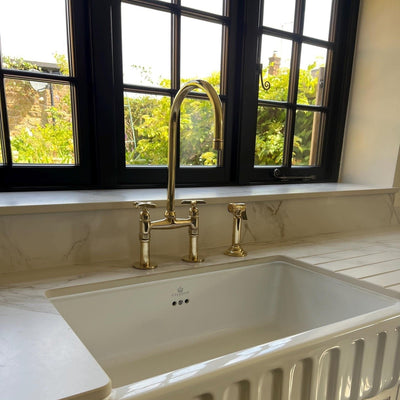 6" Unlacquered Brass Kitchen Faucet kitchen faucet for kitchen sinks, prep sinks, bridge faucet layouts, and farmhouse kitchens - view 1