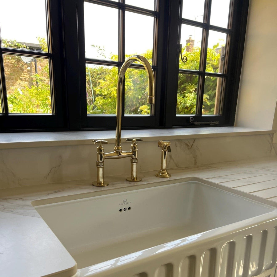 6" Unlacquered Brass Kitchen Faucet kitchen faucet for kitchen sinks, prep sinks, bridge faucet layouts, and farmhouse kitchens - view 1