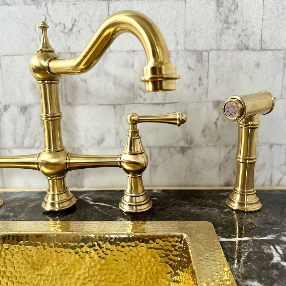 Unlacquered brass deck mount 3-leg column spout kitchen faucet – front view